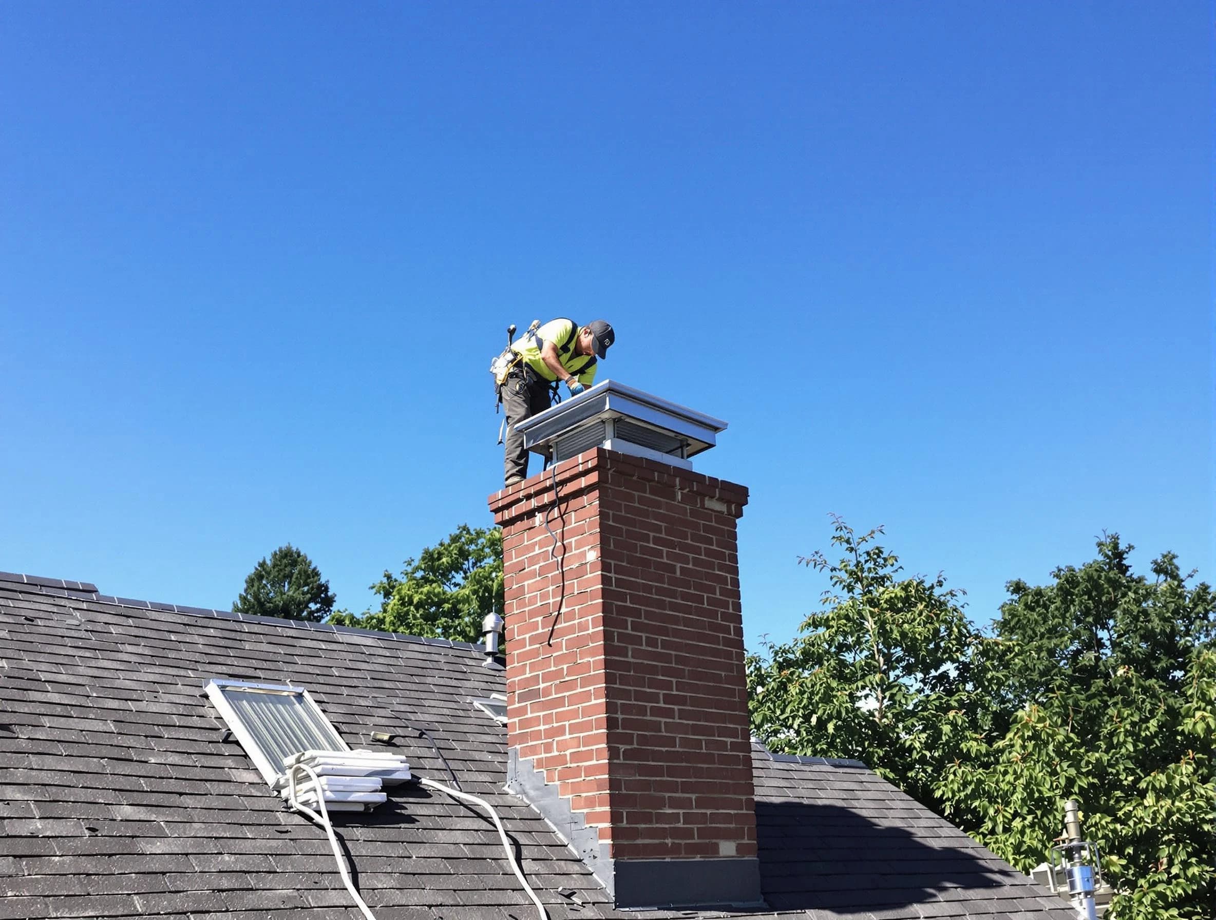 Draper Chimney Sweep technician measuring a chimney cap in Draper, UT